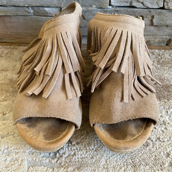 Minnetonka Wedges Sandal Ashley Espadrille Tassel Suede Leather Tan Open Toe: 9 - Picture 2 of 14